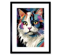 Artery8 Wall Art Print Fluffy Ragdoll Cat Portrait Colourful Purple Blue Black Modern Flt Style painting Artwork Framed 9X7 Inch | Size: W7" x H9" Artery8 Black W7" x H9"