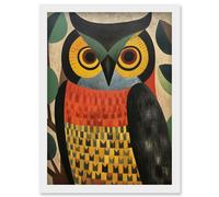 Artery8 Wall Art Print Folk Art Geometric Owl Boho Colours Yellow Coral Green Bold but Subtle Artwork Framed A4 in White Artery8 White A4