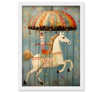 Artery8 Folk Art Whimsical Carousel Fairground Kids Girls Bedroom Artwork Soft Pastel Horse Artwork Framed Wall Art Print A4