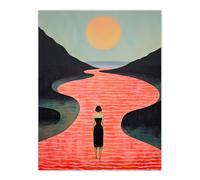 Artery8 Wall Art Print Follow the Pink River Surreal Oil Painting Lonely Woman in Coastal Sunrise Landscape Poster | Size: W12" x H16" Artery8 Pink W12" x H16"