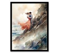 Artery8 Wall Art Print Forbidden Love Watercolour Painting Couple Embrace In Dramatic Coastal Cliff Landscape Art Framed | Size: W12" x H16" Artery8 Multicolor W12" x H16"