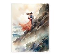 Artery8 Forbidden Love Watercolour Painting Couple Embrace In Dramatic Coastal Cliff Landscape Extra Large XL Wall Art Poster Print