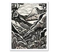 Artery8 Wall Art Print Forest Mountain Landscape Black & White Linocut Art Framed | Size: W12" x H16" Artery8 White W12" x H16"