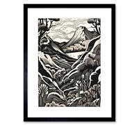 Artery8 Wall Art Print Forest Mountain Landscape Black & White Linocut Artwork Framed 9X7 Inch | Size: W7" x H9" Artery8 Black W7" x H9"