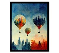 Artery8 Wall Art Print Forest Reflections On Hot Air Balloons Watercolour Art Framed in Black | Size: W12" x H16" Artery8 Black W12" x H16"