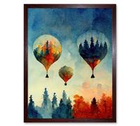 Artery8 Wall Art Print Forest Reflections On Hot Air Balloons Watercolour Art Framed in Brown | Size: W12" x H16" Artery8 Brown W12" x H16"