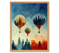 Artery8 Wall Art Print Forest Reflections On Hot Air Balloons Watercolour Art Framed in Light Oak | Size: W12" x H16" Artery8 Light Oak W12" x H16"