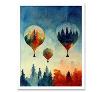 Artery8 Wall Art Print Forest Reflections On Hot Air Balloons Watercolour Art Framed in White | Size: W12" x H16" Artery8 White W12" x H16"