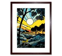 Artery8 Wall Art Print Forest Sunrise Landscape Sun Rays Patterns Blue Orange Pop Art Comic Book Halftone Artwork Framed 9X7 Inch | Size: W7" x H9" Artery8 Brown W7" x H9"