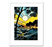 Artery8 Wall Art Print Forest Sunrise Landscape Sun Rays Patterns Blue Orange Pop Art Comic Book Halftone Artwork Framed 9X7 Inch | Size: W7" x H9" Artery8 White W7" x H9"