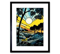 Artery8 Wall Art Print Forest Sunrise Landscape Sun Rays Patterns Blue Orange Pop Art Comic Book Halftone Artwork Framed 9X7 Inch | Size: W7" x H9" Artery8 Black W7" x H9"