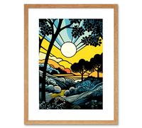 Artery8 Wall Art Print Forest Sunrise Landscape Sun Rays Patterns Blue Orange Pop Art Comic Book Halftone Artwork Framed 9X7 Inch | Size: W7" x H9" Artery8 Beige W7" x H9"