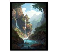 Artery8 Wall Art Print Fortress on a Waterfall Cliff Concept Art Painting Fantasy Kingdom Entrance in Enchanted Forest Art Framed | Size: W12" x H16" Artery8 Blue W12" x H16"