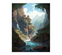 Artery8 Wall Art Print Fortress on a Waterfall Cliff Concept Art Painting Fantasy Kingdom Entrance in Enchanted Forest Poster | Size: W12" x H16" Artery8 Blue W12" x H16"