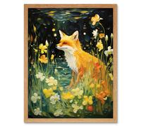 Artery8 Wall Art Print Fox Dream Floral Yellow Oil Painting Orange White Dreamscape of Lily Flowers in Spring Art Framed | Size: W12" x H16" Artery8 Light Oak W12" x H16"