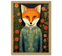 Artery8 Fox Flaunting Fancy Floral Frock Felicia Flower Field Fun Artwork Framed Wall Art Print A4