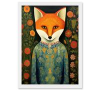 Artery8 Fox Flaunting Fancy Floral Frock Felicia Flower Field Fun Artwork Framed Wall Art Print A4
