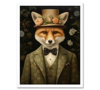 Artery8 Wall Art Print Fox in Floral Victorian Suit & Top Hat Surrealism Artwork Green Orange Woodland Gentleman Art Framed | Size: W12" x H16" Artery8 White W12" x H16"