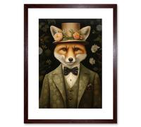 Artery8 Fox in Floral Victorian Suit and Top Hat Surrealism Artwork Green Orange Woodland Gentleman Artwork Framed Wall Art Print 9X7 Inch