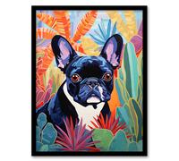 Artery8 French Bulldog Amidst Tropical Jungle Leaves Bold Portrait Artwork Framed Wall Art Print A4