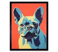 Artery8 Wall Art Print French Bulldog Colour Block Artwork Coral Orange Blue Vibrant Pet Portrait Cute Art Framed in Black | Size: W12" x H16" Artery8 Black W12" x H16"