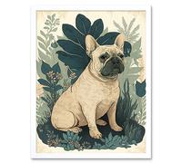 Artery8 Wall Art Print French Bulldog & Tropical Plants Modern Pastel Colour Boho Art Framed in White | Size: W12" x H16" Artery8 White W12" x H16"