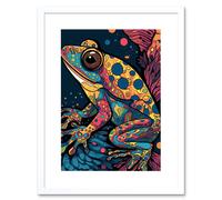 Artery8 Wall Art Print Frog Portrait Acrylic Painting Colourful Psychedelic Patterns Aquatic Animal Modern Pop Artwork Framed 9X7 Inch Artery8 White W7" x H9"