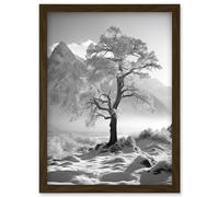 Wall Art Print Frozen Tree in Snowy Mountain Landscape Bright Black and White Photograph Winter Sunrise Crisp Morning Light Artwork Framed A4 Artery8 Brown A4