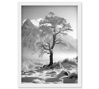 Wall Art Print Frozen Tree in Snowy Mountain Landscape Bright Black and White Photograph Winter Sunrise Crisp Morning Light Artwork Framed A4 Artery8 White A4
