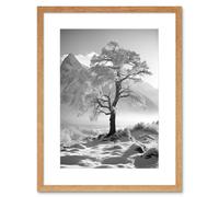 Artery8 Wall Art Print Frozen Tree in Snowy Mountain Landscape Bright Black & White Photograph Winter Sunrise Crisp Morning Light Artwork Framed 9X7 Artery8 Beige W7" x H9"