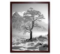 Artery8 Wall Art Print Frozen Tree in Snowy Mountain Landscape Bright Black & White Photograph Winter Sunrise Crisp Morning Light Art Framed Artery8 Brown W12" x H16"