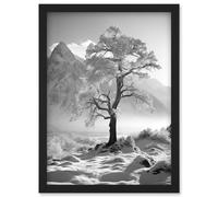 Wall Art Print Frozen Tree in Snowy Mountain Landscape Bright Black and White Photograph Winter Sunrise Crisp Morning Light Artwork Framed A4 Artery8 Black A4