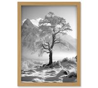 Wall Art Print Frozen Tree in Snowy Mountain Landscape Bright Black and White Photograph Winter Sunrise Crisp Morning Light Artwork Framed A4 Artery8 Light Oak A4