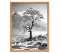 Artery8 Wall Art Print Frozen Tree in Snowy Mountain Landscape Bright Black & White Photograph Winter Sunrise Crisp Morning Light Art Framed Artery8 Light Oak W12" x H16"