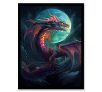 Artery8 Wall Art Print Full Moon Dragon Oil Painting Blue Purple Fantasy Creature Dancing In The Clouds Colourful Magical Nature Mystical Modern Art Artery8 Blue W12" x H16"