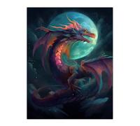 Artery8 Wall Art Print Full Moon Dragon Oil Painting Blue Purple Fantasy Creature Dancing In The Clouds Colourful Magical Nature Mystical Modern Artery8 Blue W24" x H32"