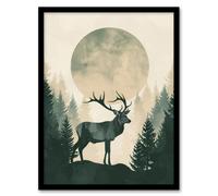 Artery8 Full Moon Forest Hill Stag Grey Green Design For Living Room Artwork Framed Wall Art Print A4