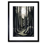 Artery8 Wall Art Print Full Moon Night At Pine Forest Landscape Linocut Artwork Framed 9X7 Inch
