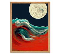 Artery8 Wall Art Print Full Moon on Red Ocean Waves Swirl Abstract Painting Art Framed in Light Oak | Size: W12" x H16" Artery8 Light Oak W12" x H16"