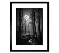 Wall Art Print Full Moon Over Misty Forest Black and White Photo Artwork Framed 9X7 Inch Artery8 Black W7 inch x H9 inch