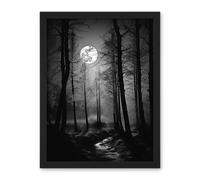 Artery8 Wall Art Print Full Moon Over Misty Forest Black & White Photo Large Framed Wall Décor Art in Light Oak | Size: W18" x H24" Artery8 Light Oak W18" x H24"