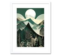 Artery8 Wall Art Print Full Moon Over Mountain Forest Linocut Mid Century Sage Green Moonlit Landscape Artwork Framed 9X7 Inch | Size: W7" x H9" Artery8 White W7" x H9"