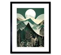Artery8 Wall Art Print Full Moon Over Mountain Forest Linocut Mid Century Sage Green Moonlit Landscape Artwork Framed 9X7 Inch
