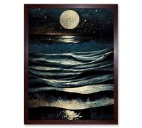 Artery8 Wall Art Print Full Moon Rising Over Clear Night Sky Tidal Waves Art Framed in Brown | Size: W12" x H16" Artery8 Brown W12" x H16"