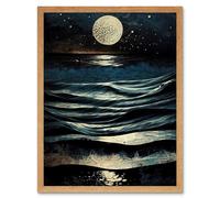 Artery8 Wall Art Print Full Moon Rising Over Clear Night Sky Tidal Waves Art Framed in Light Oak | Size: W12" x H16" Artery8 Light Oak W12" x H16"