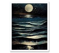 Artery8 Wall Art Print Full Moon Rising Over Clear Night Sky Tidal Waves Art Framed in White | Size: W12" x H16" Artery8 White W12" x H16"