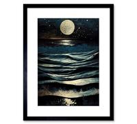 Artery8 Wall Art Print Full Moon Rising Over Clear Night Sky Tidal Waves Artwork Framed 9X7 Inch in Black | Size: W7" x H9" Artery8 Black W7" x H9"