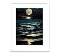 Artery8 Wall Art Print Full Moon Rising Over Clear Night Sky Tidal Waves Artwork Framed 9X7 Inch in White | Size: W7" x H9" Artery8 White W7" x H9"