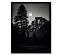 Artery8 Wall Art Print Full Moon Rising over Half Dome Black & White Framed in Grey | Size: A4 Artery8 Grey A4