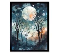 Wall Art Print Full Moon Winter Forest Landscape Snowfall over Trees at Night Art Framed Artery8 Black W12 inch x H16 inch